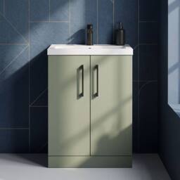 Balterley Bathroom Vanity Basin Unit, Black Handles, 600mm, Satin Green - thumbnail 4