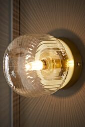 ValueLights Calpe Pair of Small Ribbed Glass Flush Ceiling Wall Lights with Bulbs in Gold - thumbnail 3