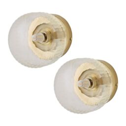 ValueLights Calpe Pair of Small Ribbed Glass Flush Ceiling Wall Lights with Bulbs in Gold - thumbnail 1