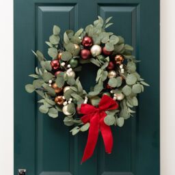 Scottish Everlastings Ltd 40cm Eucalyptus & Bauble Wreath with Velvet Bow in Green - thumbnail 1