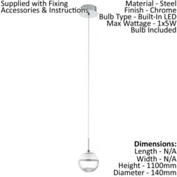 Loops Pendant Light Colour Chrome Shade White Clear Glass Crystal Bulb LED 1x5W - thumbnail 2