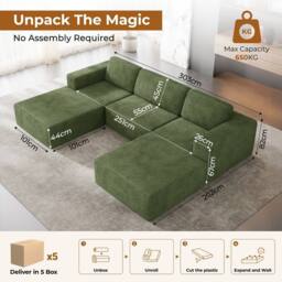 Dprodo Corduroy Modular Sofa, 303CM U Shape Couch, 25V9 in Green - thumbnail 2