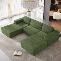 Dprodo Corduroy Modular Sofa, 303CM U Shape Couch, 25V9 in Green - thumbnail 9