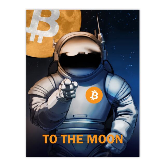 "Artery8 Bitcoin To Moon Crypto Astronaut Satoshi Unframed Wall Art Print in Dark Blue - Size: W24"" x H32""" - image 1