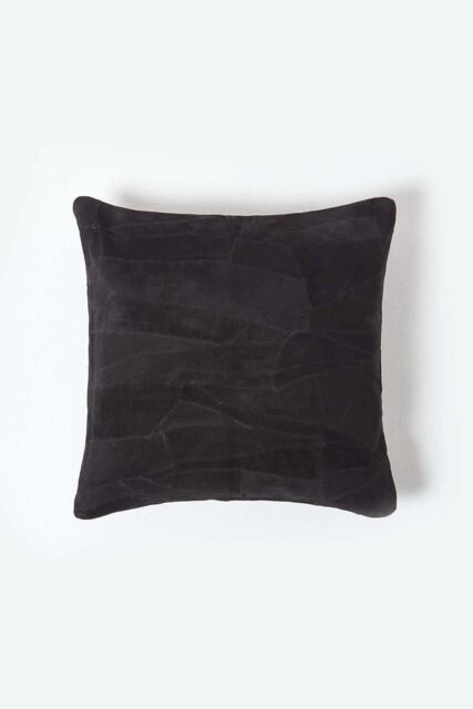 Homescapes Real Leather Suede Cushion with Feather Filling in Black - Size: 45 cm x 45 cm