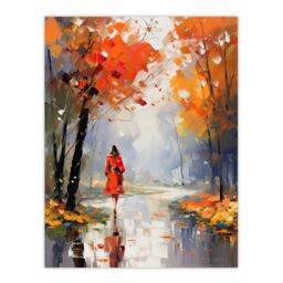 "Artery8 Wall Art Print Autumn Walk Oil Painting Woman Walking Through Park Poster in Orange - Size: W18"" x H24""" - thumbnail 1