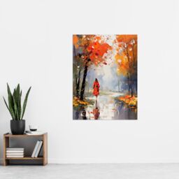 "Artery8 Wall Art Print Autumn Walk Oil Painting Woman Walking Through Park Poster in Orange - Size: W18"" x H24""" - thumbnail 4