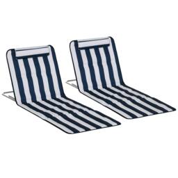 OUTSUNNY 2 Pieces Outdoor Beach Mat Steel Reclining Chair Set w/ Pillow in Blue - thumbnail 2