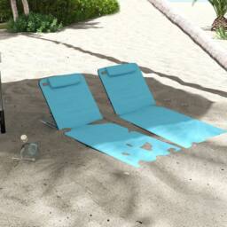 OUTSUNNY 2 Pieces Outdoor Beach Mat Steel Reclining Chair Set w/ Pillow in Blue