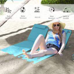 OUTSUNNY 2 Pieces Outdoor Beach Mat Steel Reclining Chair Set w/ Pillow in Blue - thumbnail 4