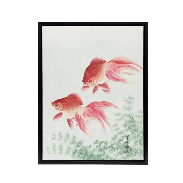 "Artery8 Two Veiltail Goldfish in Pond Framed Canvas Wall Art Print Ohara Koson in Pink - Size: W12"" x H16""" - image 1