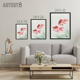 "Artery8 Two Veiltail Goldfish in Pond Framed Canvas Wall Art Print Ohara Koson in Pink - Size: W12"" x H16""" - thumbnail 4