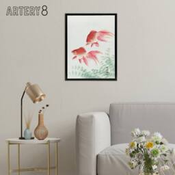 "Artery8 Two Veiltail Goldfish in Pond Framed Canvas Wall Art Print Ohara Koson in Pink - Size: W12"" x H16""" - thumbnail 3