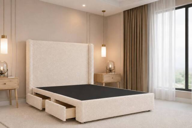 "Nexus Mattresses Ltd Portofino Teddy Divan 2 Drawers Foot-End 54""Winged Headboard in Cream - Size: King" - image 1
