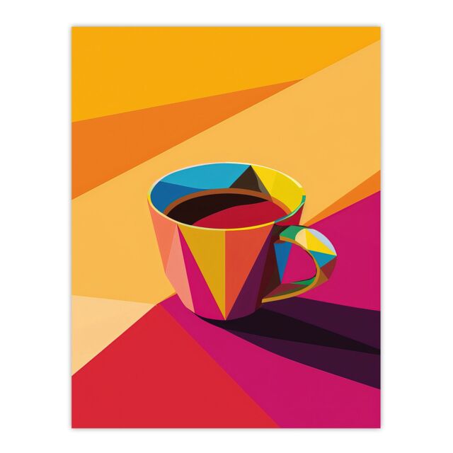 "Artery8 Coffee Tea Cup Colourful Geometric Design Wall Art Print in Orange - Size: W18"" x H24""" - image 1