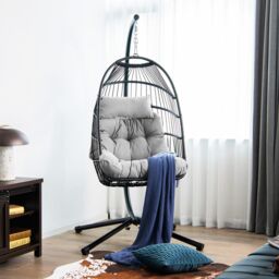 Costway Hanging Swing Egg Chair Hammock Chair W/ Stand & Dust Cover in Grey - thumbnail 3