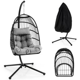 Costway Hanging Swing Egg Chair Hammock Chair W/ Stand & Dust Cover in Grey - thumbnail 1
