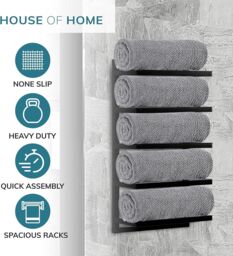 House of Home 5 Tier Towel Holder Rack Bathroom Storage Rack Wall Mounted Quality Finish in Black - thumbnail 2