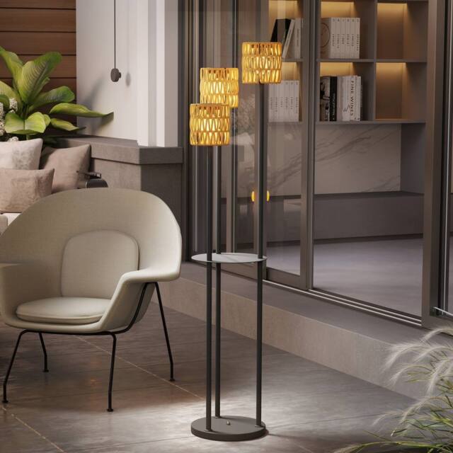 OUTSUNNY 3-Light Solar Rattan Floor Lamp with Shelf, Auto On/Off, Yellow - image 1
