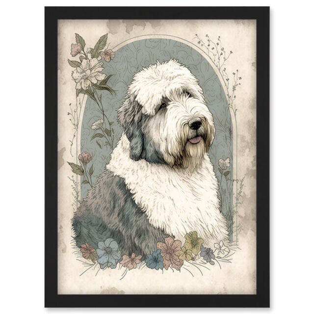Artery8 English Sheepdog with Flower Blooms Boho Portrait Watercolour Illustration Artwork Framed Wall Art Print A4 in Black - image 1
