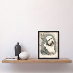 Artery8 English Sheepdog with Flower Blooms Boho Portrait Watercolour Illustration Artwork Framed Wall Art Print A4 in Black - thumbnail 2