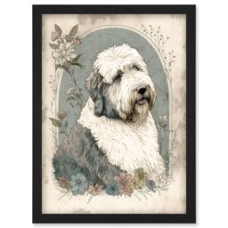 Artery8 English Sheepdog with Flower Blooms Boho Portrait Watercolour Illustration Artwork Framed Wall Art Print A4 in Black - thumbnail 1