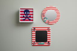 Orsina Pirate LED Light Box, Red & White Striped Skull & Crossbones Light For Kids, Wall Mountable Night Light - thumbnail 2