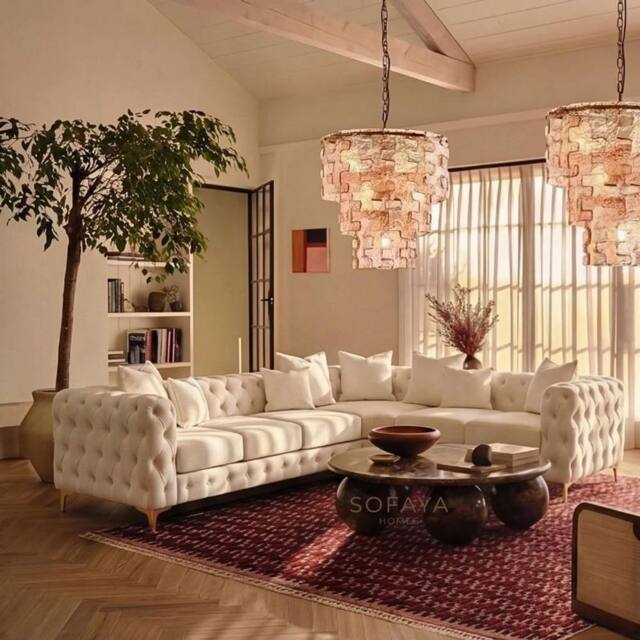 Sofaya Monaco Chesterfield 6 Seater Sofa Velvet Right Hand Corner Chaise in Cream - Size: 6 Person - image 1