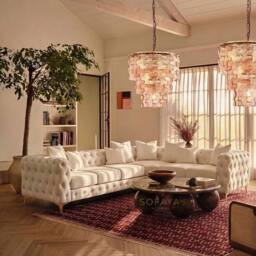 Sofaya Monaco Chesterfield 6 Seater Sofa Velvet Right Hand Corner Chaise in Cream - Size: 6 Person
