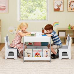 Costway Kids Table & 2 Chairs Set Wooden Activity Desk Set w/ Shelves - thumbnail 4