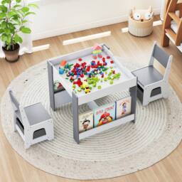 Costway Kids Table & 2 Chairs Set Wooden Activity Desk Set w/ Shelves - thumbnail 2