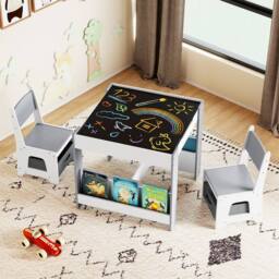 Costway Kids Table & 2 Chairs Set Wooden Activity Desk Set w/ Shelves - thumbnail 3