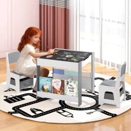 Costway Kids Table & 2 Chairs Set Wooden Activity Desk Set w/ Shelves - thumbnail 5