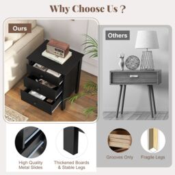 Gymax Nightstand With 3 Drawer Sofa Side Bedside Table Wooden Chest of Drawers in Black - thumbnail 5