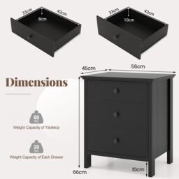 Gymax Nightstand With 3 Drawer Sofa Side Bedside Table Wooden Chest of Drawers in Black - thumbnail 2