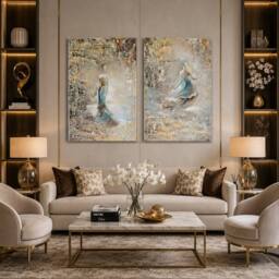 "Mafett Abstract Dancing Figures Wall Art Print Set of 2 in Gold - Size: W24"" x H32"""
