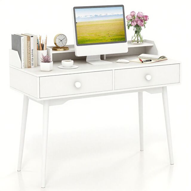 Gymax Computer Desk 120 CM Wooden Study Table Writing Workstation in White - image 1