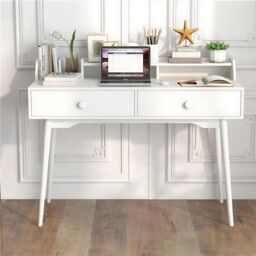 Gymax Computer Desk 120 CM Wooden Study Table Writing Workstation in White - thumbnail 3