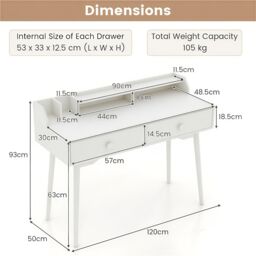 Gymax Computer Desk 120 CM Wooden Study Table Writing Workstation in White - thumbnail 2
