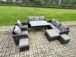 Fimous Outdoor Garden Patio Furniture Wicker Rattan Oblong Rectangular Dining Table & Lounge Sofa set with Adjustable Chair 3 Footstool in Dark Grey - thumbnail 2