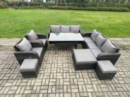Fimous Outdoor Garden Patio Furniture Wicker Rattan Oblong Rectangular Dining Table & Lounge Sofa set with Adjustable Chair 3 Footstool in Dark Grey - thumbnail 1