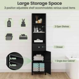 Costway 170cm Tall Bathroom Cabinet Wooden Narrow Floor Cabinet w/Drawer in Black - thumbnail 8