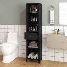 Costway 170cm Tall Bathroom Cabinet Wooden Narrow Floor Cabinet w/Drawer in Black - thumbnail 4