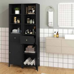 Costway 170cm Tall Bathroom Cabinet Wooden Narrow Floor Cabinet w/Drawer in Black - thumbnail 5