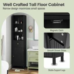 Costway 170cm Tall Bathroom Cabinet Wooden Narrow Floor Cabinet w/Drawer in Black - thumbnail 7