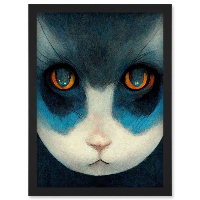 Artery8 Nihonga Style Japan Cat Blue Artwork Framed Wall Art Print A4 in Black - image 1