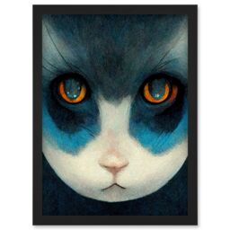 Artery8 Nihonga Style Japan Cat Blue Artwork Framed Wall Art Print A4 in Black - thumbnail 1