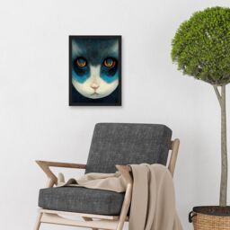 Artery8 Nihonga Style Japan Cat Blue Artwork Framed Wall Art Print A4 in Black - thumbnail 2