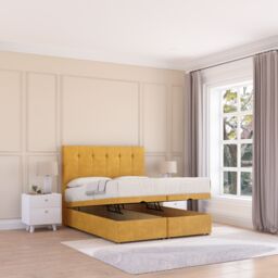 Sloomy Highbury Plush Fabric Ottoman Bed End Opening With Sprung Memory Mattress & 26 Inch strut Headboard in Gold - Size: Double - thumbnail 2