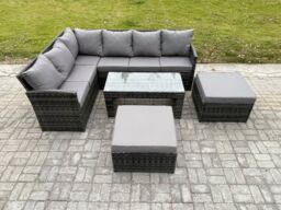 Fimous Rattan Garden Furniture Sets High Back Corner Sofa Oblong Coffee Table Set with 2 Big Footstool Dark Grey Mixed - thumbnail 2